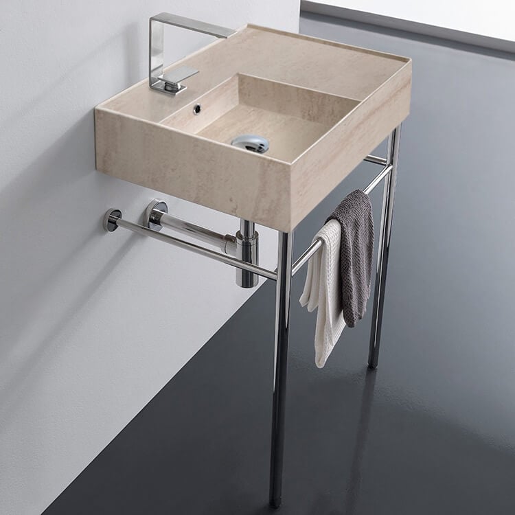 Scarabeo 5114-E-CON Beige Travertine Design Ceramic Console Sink and Polished Chrome Stand